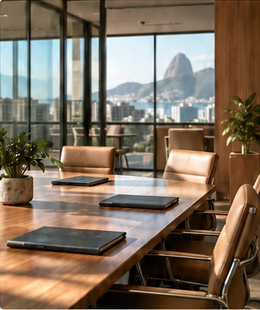 Ambiente corporativo ilustrativo com mesa de reunião, madeira e luz natural